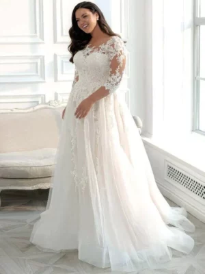 Customized Elegant Plus Size Wedding Dresses A-line Tulle Lace Applique Sleeves Vestido Noiva Bride Gowns Sweep Train Women Mode