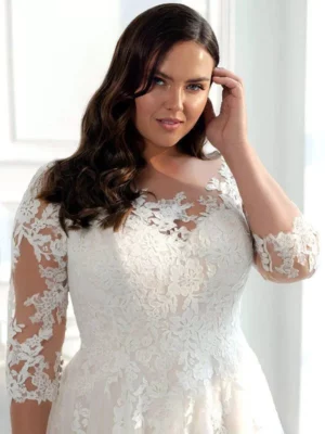 Customized Elegant Plus Size Wedding Dresses A-line Tulle Lace Applique Sleeves Vestido Noiva Bride Gowns Sweep Train Women Mode – Image 3