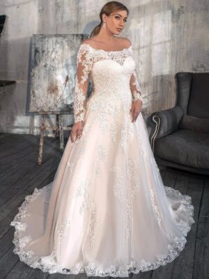 Long Sleeves Scoop Neck Wedding Dress Plus Size Customized Vestido De Noiva Lace Appliques Back Zip with Button Bridal Dresses