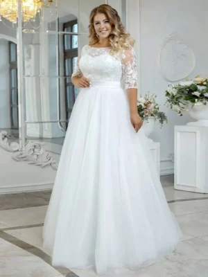 LAYOUT NICEB Vintage Beach Wedding Dress Plus Size Boho Lace Applique Three Quarter Sleeves Tulle Bride Gown A-Line Floor Length