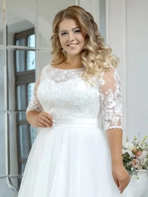 LAYOUT NICEB Vintage Beach Wedding Dress Plus Size Boho Lace Applique Three Quarter Sleeves Tulle Bride Gown A-Line Floor Length – Image 2