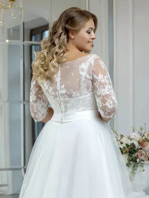 LAYOUT NICEB Vintage Beach Wedding Dress Plus Size Boho Lace Applique Three Quarter Sleeves Tulle Bride Gown A-Line Floor Length – Image 4