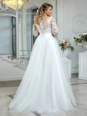 LAYOUT NICEB Vintage Beach Wedding Dress Plus Size Boho Lace Applique Three Quarter Sleeves Tulle Bride Gown A-Line Floor Length – Image 3