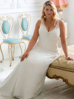 Sexy Plus Size Wedding Dress Customized Beading V-neck Sleeveless Ruched Pleats Chiffon Beach  Gowns Robe De Mariage