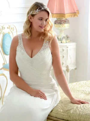 Sexy Plus Size Wedding Dress Customized Beading V-neck Sleeveless Ruched Pleats Chiffon Beach  Gowns Robe De Mariage – Image 2