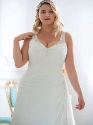 Sexy Plus Size Wedding Dress Customized Beading V-neck Sleeveless Ruched Pleats Chiffon Beach  Gowns Robe De Mariage – Image 3