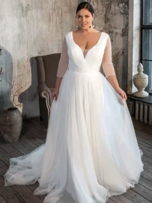 Strapless Plus Size Wedding Dresses Sweep Train Three Quarter Vestidos De Novia 2023 Soft Tulle Bridal Gowns Button Back