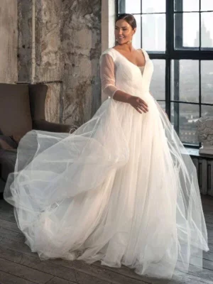 Strapless Plus Size Wedding Dresses Sweep Train Three Quarter Vestidos De Novia 2023 Soft Tulle Bridal Gowns Button Back – Image 4