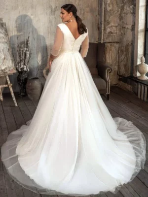 Strapless Plus Size Wedding Dresses Sweep Train Three Quarter Vestidos De Novia 2023 Soft Tulle Bridal Gowns Button Back – Image 2