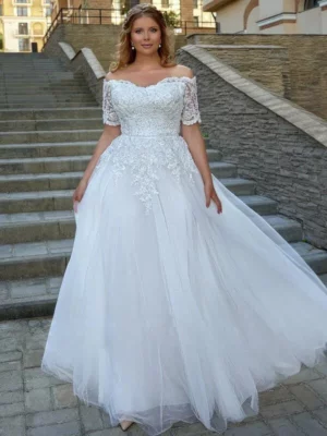 LAYOUT NICEB Elegant Boho Wedding Dresses For Woman Short Sleeves Off Shoulder Lace Applique Bride Gowns Boat Neck Plus Size