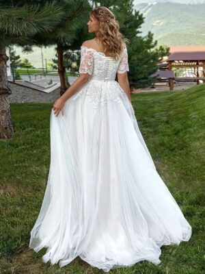 LAYOUT NICEB Elegant Boho Wedding Dresses For Woman Short Sleeves Off Shoulder Lace Applique Bride Gowns Boat Neck Plus Size – Image 2