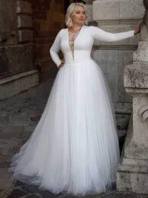 Elegant Long Sleeves Plus Size Wedding Dresses O Neck Applique A Line Sweep Train Women's Bridal Gowns Mariage Vestidos