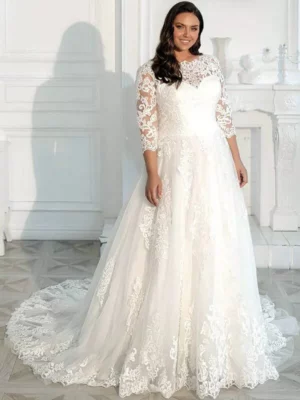 Eleagnt Wedding Dress Plus Size 3/4 Sleeves Glitter Tulle Lace Applique Vestido De Noiva Bride Dresses Big Size Women Modest New