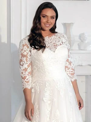 Eleagnt Wedding Dress Plus Size 3/4 Sleeves Glitter Tulle Lace Applique Vestido De Noiva Bride Dresses Big Size Women Modest New – Image 2