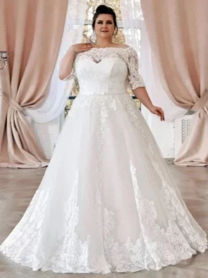 Plus Size Wedding Dress Customized Half Sleeves Boat Neck Applique Sweep Train Vestido De Noiva A Line Corset Bridal Gown