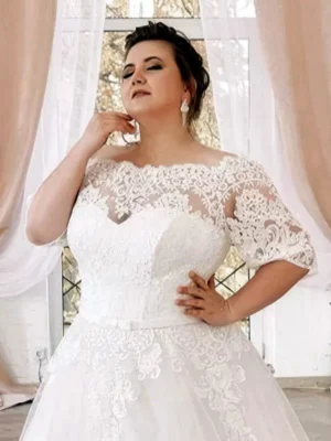 Plus Size Wedding Dress Customized Half Sleeves Boat Neck Applique Sweep Train Vestido De Noiva A Line Corset Bridal Gown – Image 3