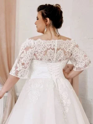 Plus Size Wedding Dress Customized Half Sleeves Boat Neck Applique Sweep Train Vestido De Noiva A Line Corset Bridal Gown – Image 4