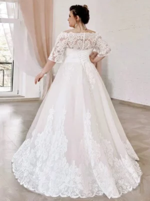 Plus Size Wedding Dress Customized Half Sleeves Boat Neck Applique Sweep Train Vestido De Noiva A Line Corset Bridal Gown – Image 2