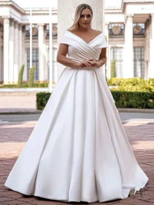 Simple Satin Wedding Dress V-Neck Off the Shoulder Short Sleeves Plus Size Bride Gowns Classic A-Line Custom Vestidos De Novia