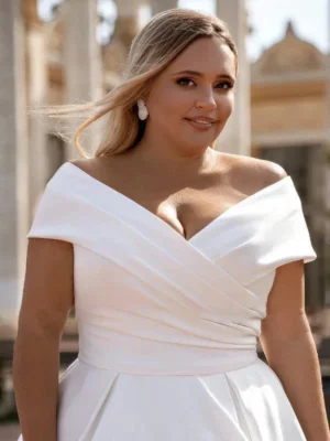 Simple Satin Wedding Dress V-Neck Off the Shoulder Short Sleeves Plus Size Bride Gowns Classic A-Line Custom Vestidos De Novia – Image 3