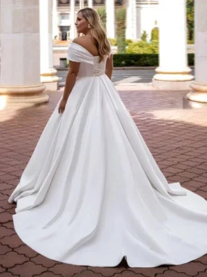 Simple Satin Wedding Dress V-Neck Off the Shoulder Short Sleeves Plus Size Bride Gowns Classic A-Line Custom Vestidos De Novia – Image 2