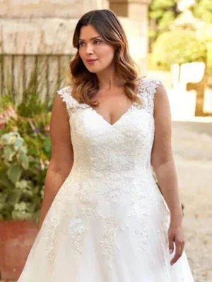 Customized Plus Size Wedding Dress for Bride Cap Sleeve V Neck Applique A Line Court Train Corset Bridal Gown Robe Mariee – Image 2