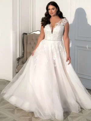 Jiayigong Wedding Dresses Plus Size Customized Cap Sleeve V Neck Beading Appliues A Line Tulle Bridal Gown Vestido De Noiva