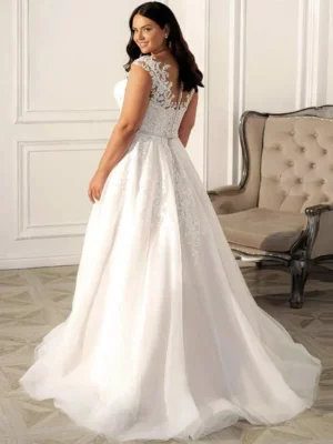 Jiayigong Wedding Dresses Plus Size Customized Cap Sleeve V Neck Beading Appliues A Line Tulle Bridal Gown Vestido De Noiva – Image 2