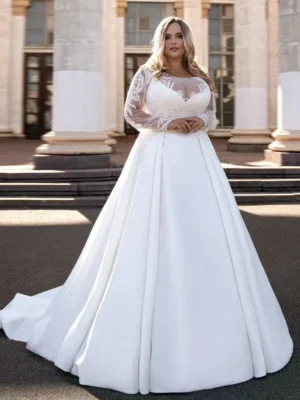 2025 Women Wedding Dress Detachable Jacket Scoop Neck Long Sleeve Lace Appliques Large Plus Size Bridal Dreess Customized