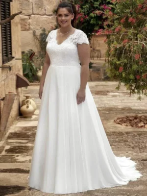 Boho Chiffon Wedding Dresses Plus Size V Neck Short Sleeves Applique Bride Gowns Sweep Train Backless A-Line Vestido De Novia