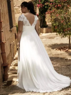 Boho Chiffon Wedding Dresses Plus Size V Neck Short Sleeves Applique Bride Gowns Sweep Train Backless A-Line Vestido De Novia – Image 2