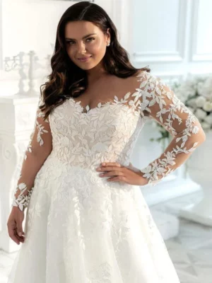 Customized Long Sleeves Civil Wedding Dresses 2025 Countryside A line Lace Appliques Short Train Simple Boho Bride Dress W1135 – Image 3