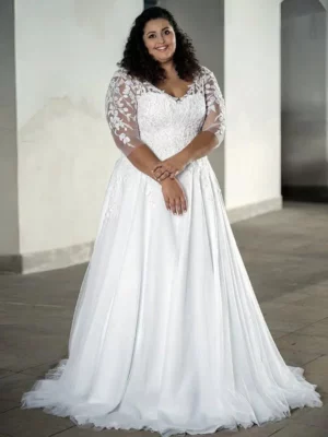 V-Neck Plus Size Wedding Dresses For Bride Three Quarter Sleeve A-Line Bride Gown Lace Applique Sweep Train Robe De Mariée