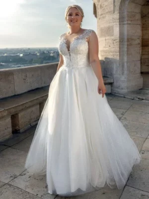 ANGEL Plus Size Wedding Dresses Cap Sleeve Illusion Button Back A-line robes de mariage 2024 Luxury Lace Scoop Bridal Party