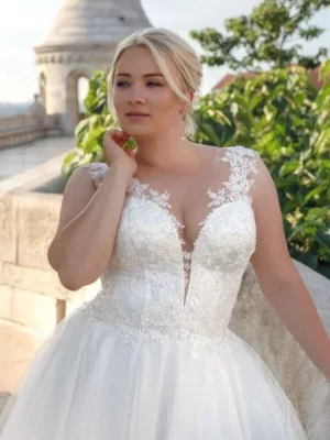 ANGEL Plus Size Wedding Dresses Cap Sleeve Illusion Button Back A-line robes de mariage 2024 Luxury Lace Scoop Bridal Party – Image 3