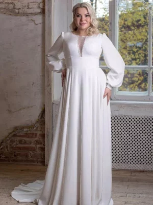 Jiayigong Plus Size Muslim Wedding Dress Modest Long Sleeves Scoop Neck Beading Jersey A Line Sweep Train Bridal Dresses