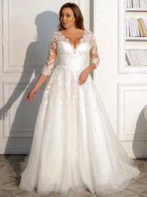 Modest Wedding Dress Customized V Neck 3/4 Lace Sleeves Applique A Line White/ Ivory Tulle Bridal Gown  Dresses Plus Size