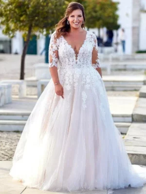 EVON BRIDAL Plus Size 3/4 Sleeves Wedding Dress O-Neck A-Line Applique Bride Gowns Tulle Illusion Back 2024 Vestido De Novia