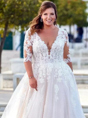 EVON BRIDAL Plus Size 3/4 Sleeves Wedding Dress O-Neck A-Line Applique Bride Gowns Tulle Illusion Back 2024 Vestido De Novia – Image 2