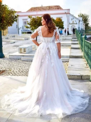 EVON BRIDAL Plus Size 3/4 Sleeves Wedding Dress O-Neck A-Line Applique Bride Gowns Tulle Illusion Back 2024 Vestido De Novia – Image 3