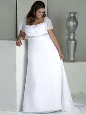 Charming Square Neck Plus Size Wedding Dress Vestido De Noiva Short Sleeves Beading Sequins Chiffon Beach Bridal Gown