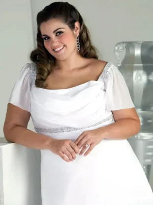 Charming Square Neck Plus Size Wedding Dress Vestido De Noiva Short Sleeves Beading Sequins Chiffon Beach Bridal Gown – Image 3