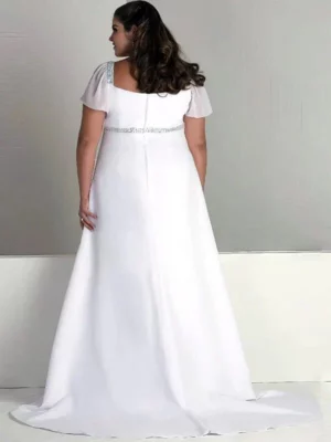 Charming Square Neck Plus Size Wedding Dress Vestido De Noiva Short Sleeves Beading Sequins Chiffon Beach Bridal Gown – Image 2