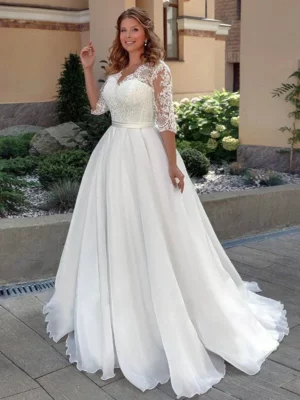 Half Sleeves Plus Size A line Wedding Dress 2024 Lace Up Back Sweep Train Chiffon Customized Civil Wedding Dresses W1122