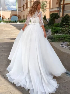 Half Sleeves Plus Size A line Wedding Dress 2024 Lace Up Back Sweep Train Chiffon Customized Civil Wedding Dresses W1122 – Image 2