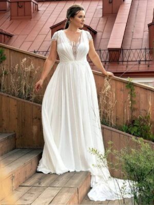 LAYOUT NICEB Modern V-Neck Chiffon Wedding Dress Simple Short Cap Sleeves Backless Bride Gowns A-Line Custom Made vestido branco