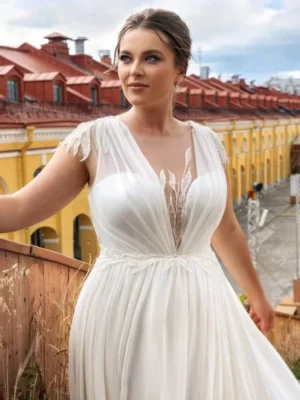 LAYOUT NICEB Modern V-Neck Chiffon Wedding Dress Simple Short Cap Sleeves Backless Bride Gowns A-Line Custom Made vestido branco – Image 2