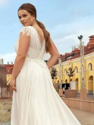 LAYOUT NICEB Modern V-Neck Chiffon Wedding Dress Simple Short Cap Sleeves Backless Bride Gowns A-Line Custom Made vestido branco – Image 4