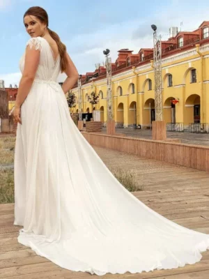 LAYOUT NICEB Modern V-Neck Chiffon Wedding Dress Simple Short Cap Sleeves Backless Bride Gowns A-Line Custom Made vestido branco – Image 3