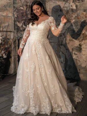 Exquisite Lace Wedding Dress Plus Size V Neck Long Sleeves Applique Sweep Train Vestido De Noiva Wedding Gown Bridal Dresses